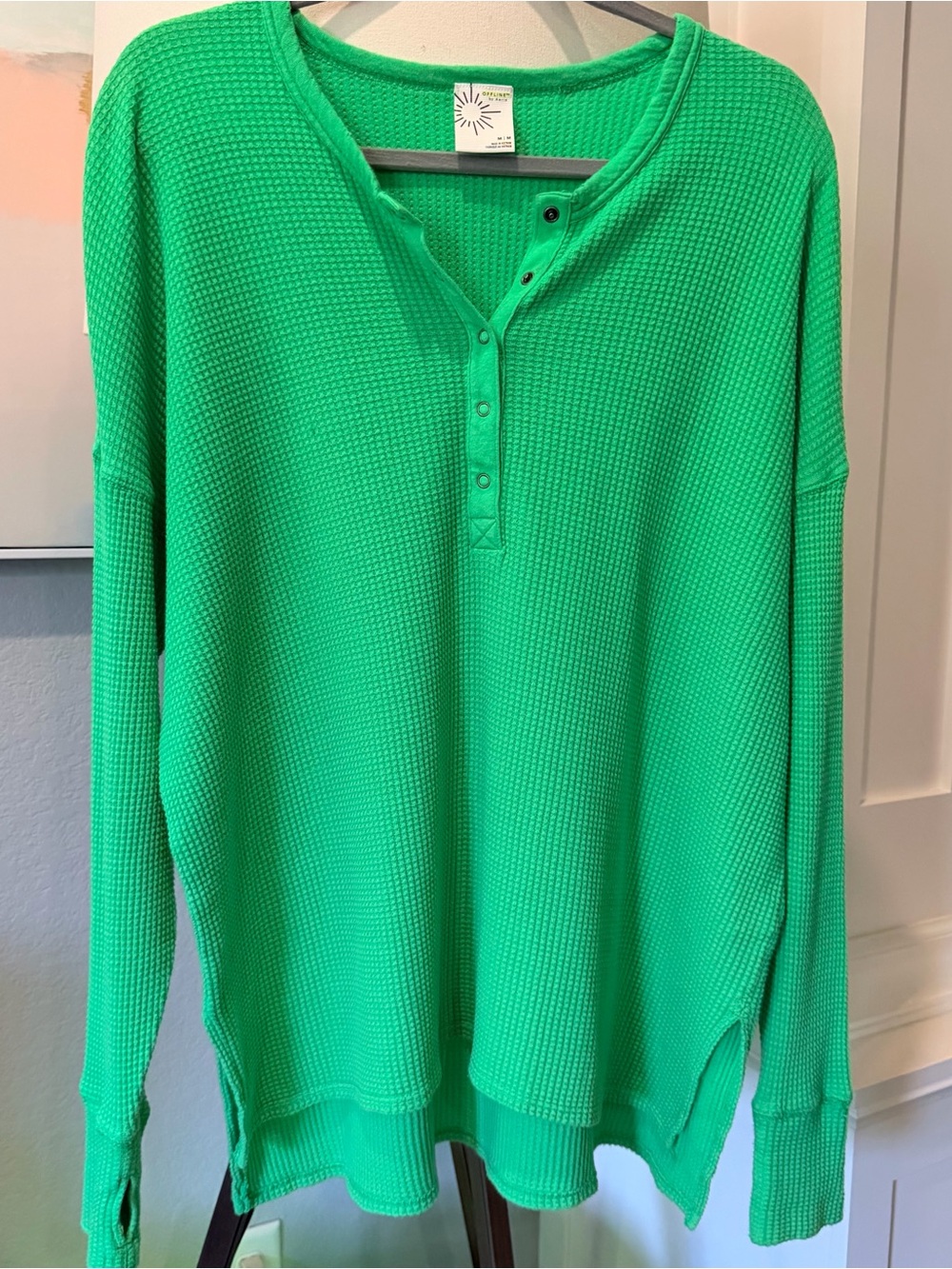 aerie Bright Green Waffle-Knit Henley Sweater